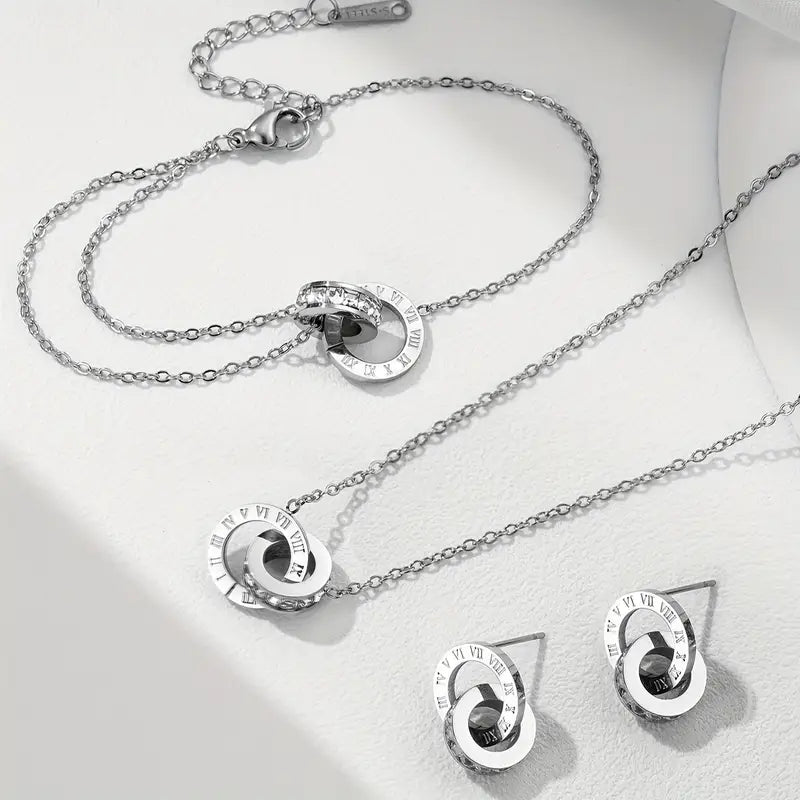 Silver Interlocking Roman Numeral Jewelry Set