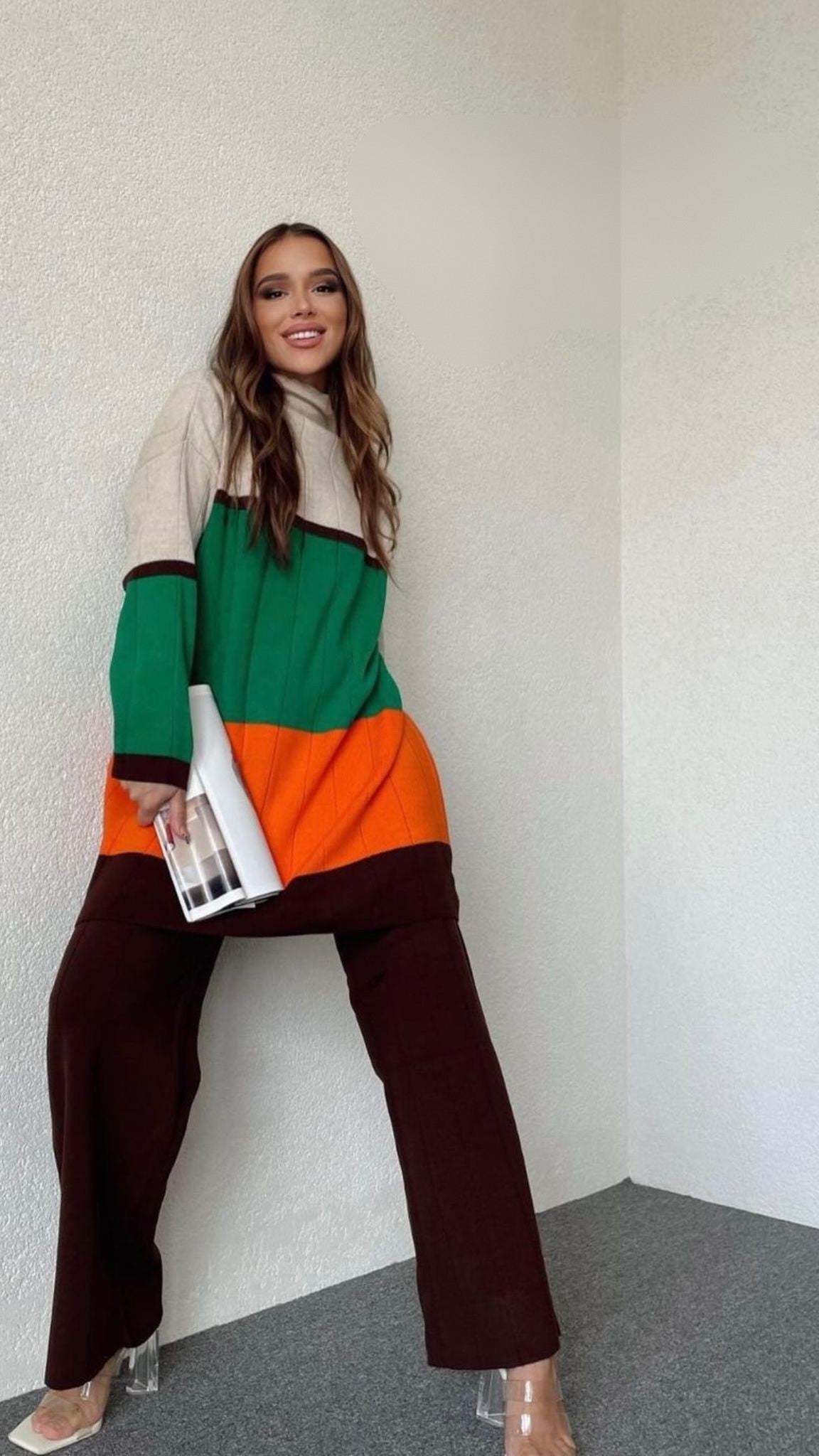 Color Block Knitted 2-Piece Set – Beige, Green, Orange & Brown