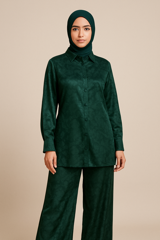 Elegant Satin 2-Piece Set – Dark Green Shirt & Wide-Leg Pants
