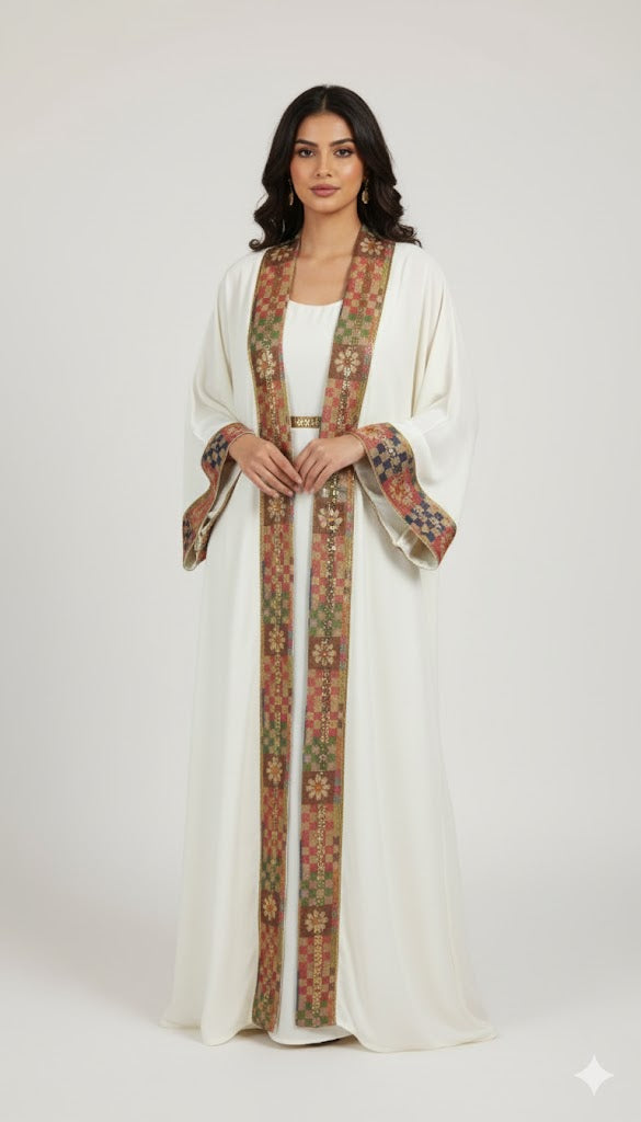 White One-Piece Abaya with Heritage Embroidery