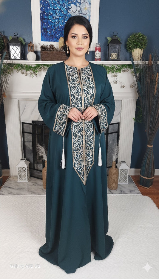 Emerald Green One-Piece Abaya with Embroidery