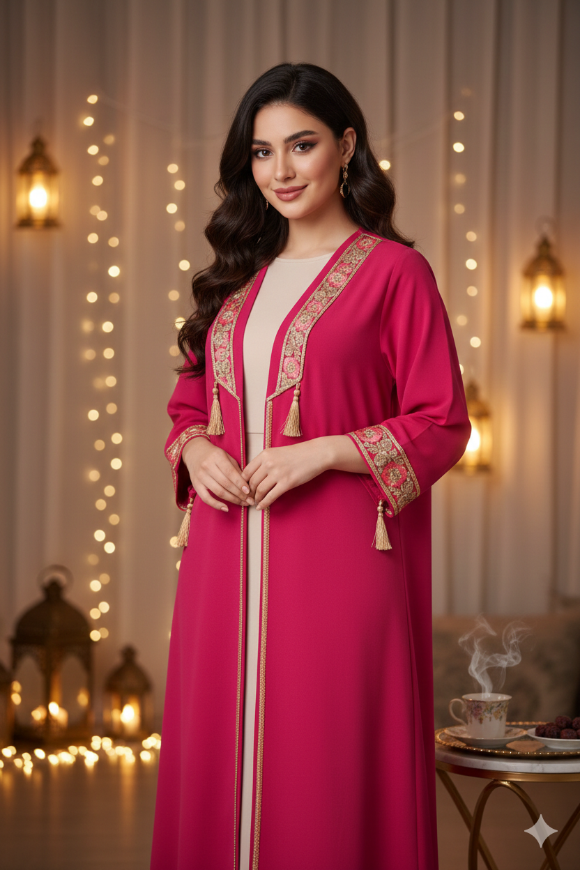 Hot Pink Open Abaya – Gold Embroidered Detail