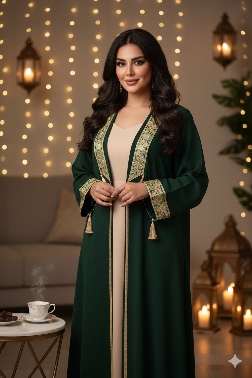 Emerald Green Open Abaya – Gold Embroidered Detail