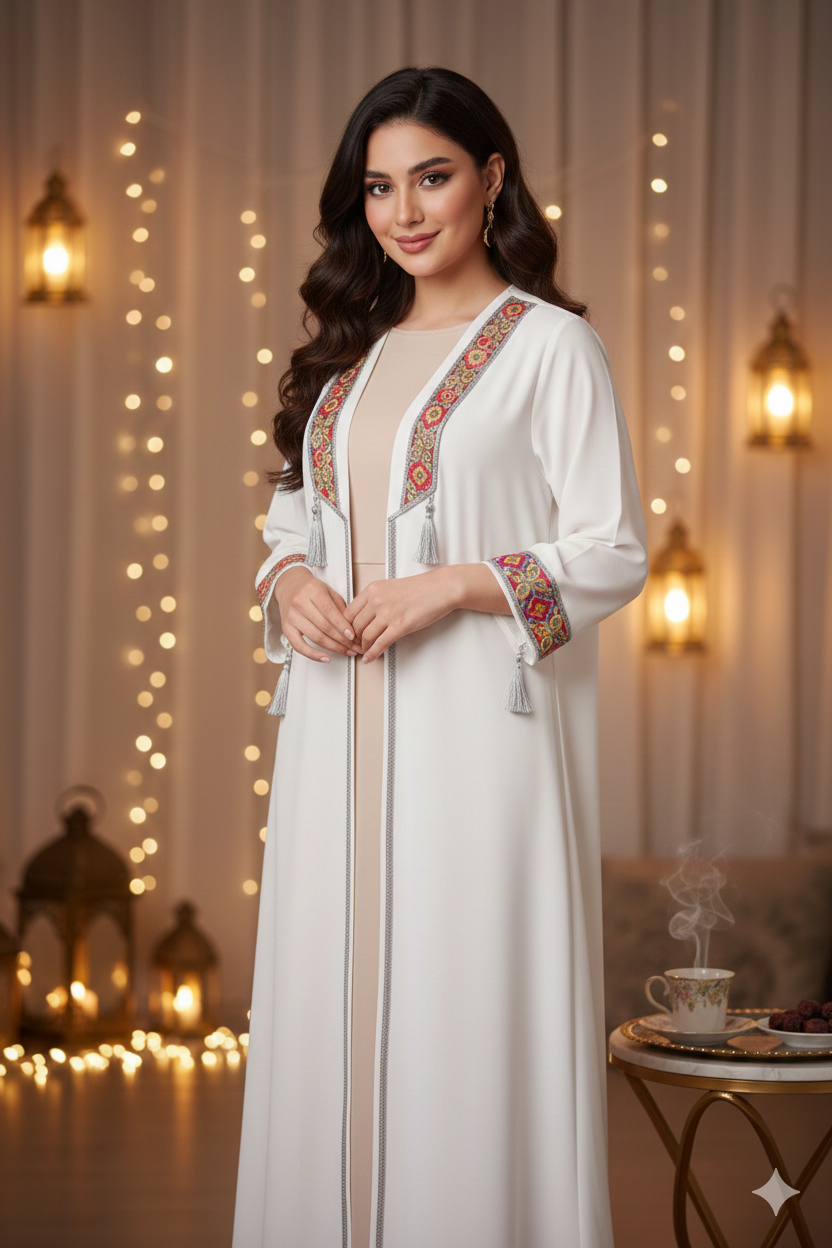 White Embroidered Open Abaya – Heritage Detail