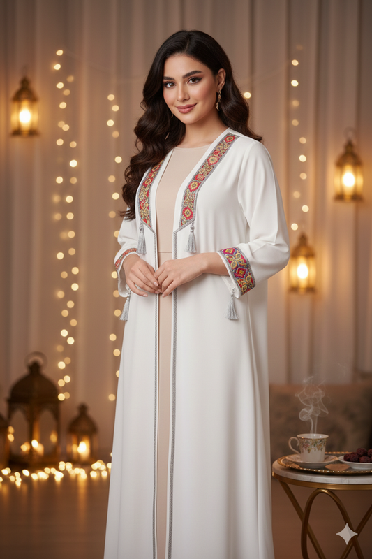 White Embroidered Open Abaya – Heritage Detail
