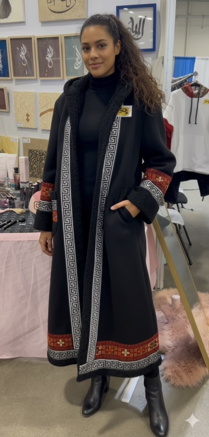 Black Coat with Fur Lining and Traditional Embroidery