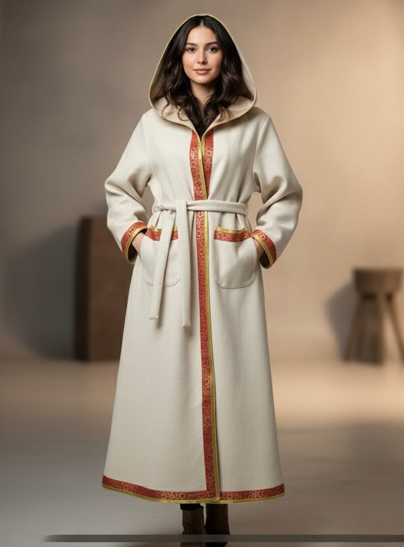 Beige Wool Coat with Hood and Embroidered Red Trim