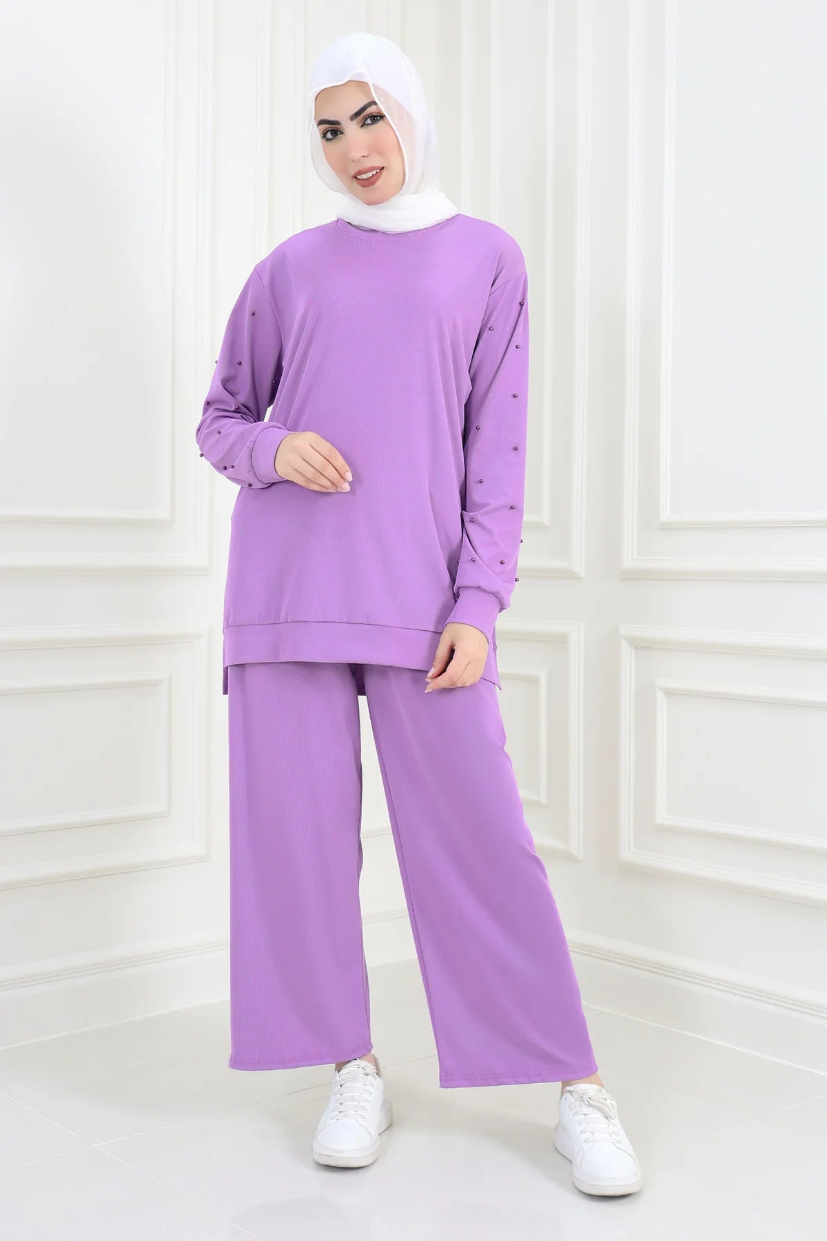 Lavender Beaded Sleeve Tunic and Pant Set
