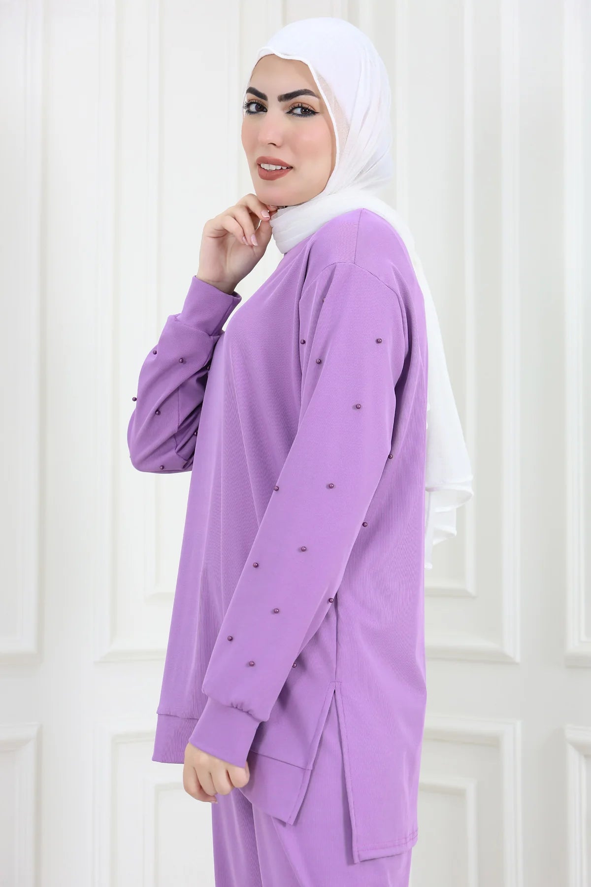 Lavender Beaded Sleeve Tunic and Pant Set