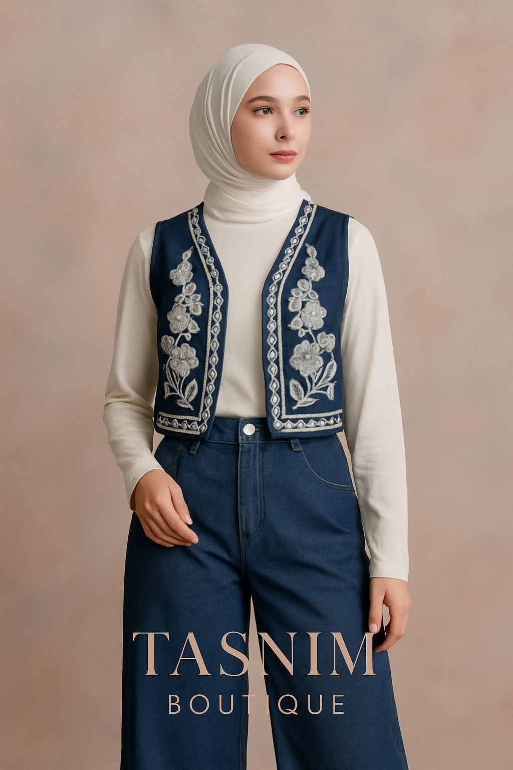 Embroidered Denim Vest & Pant Set- deep indigo