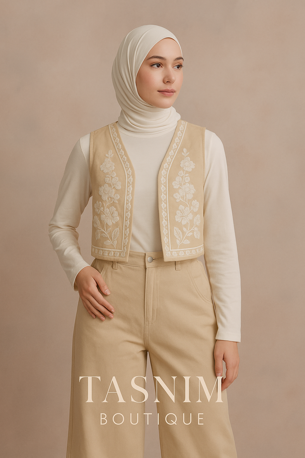 Embroidered Denim Vest & Pant Set - Neutral beige