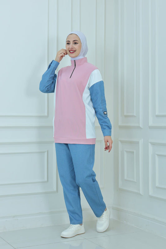 Pink Color‑Block Denim Tunic and Pant Set