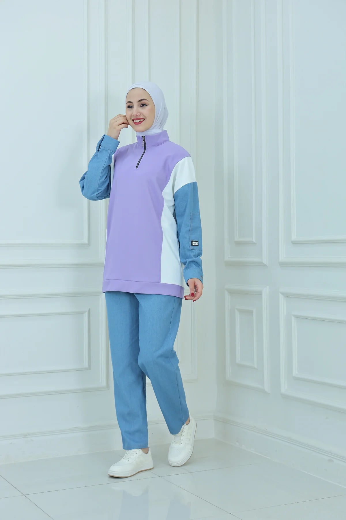 Purple Color‑Block Denim Tunic and Pant Set