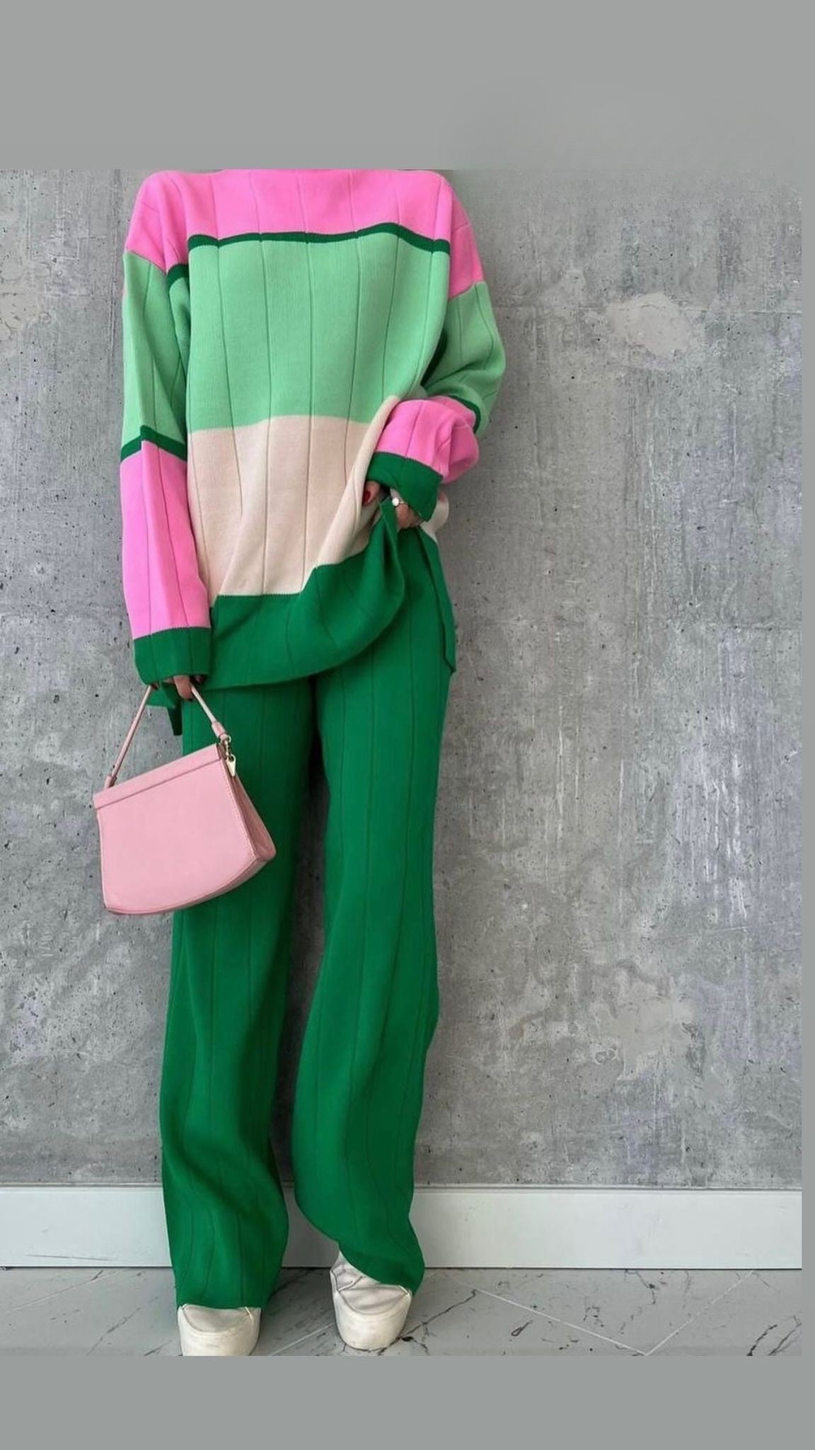Color Block Knitted 2-Piece Set – Pink, Green & Beige