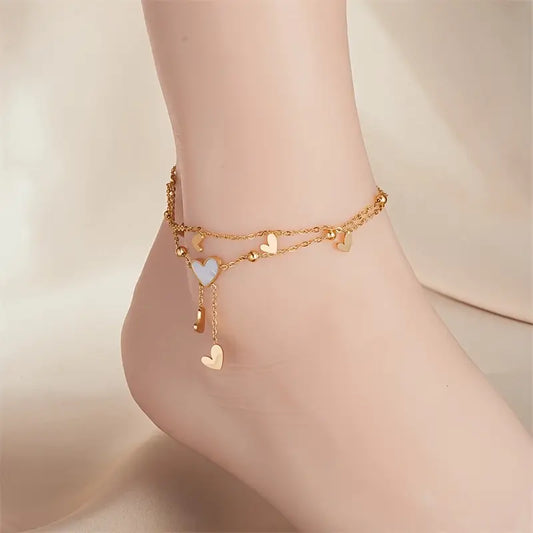 Gold plated stainless steel Heart Charm Layered Anklet