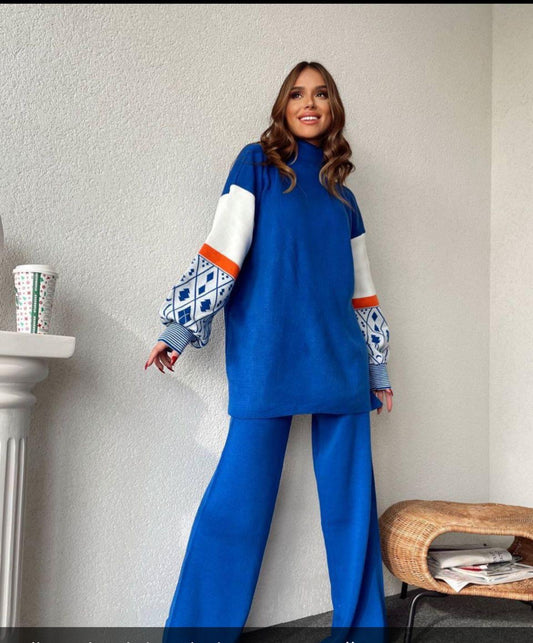 Blue Two-Piece Set with Patterned Sleeves