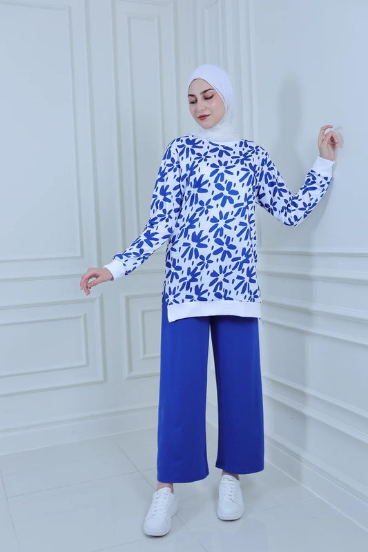 Blue Floral Print Tunic and Pant Set